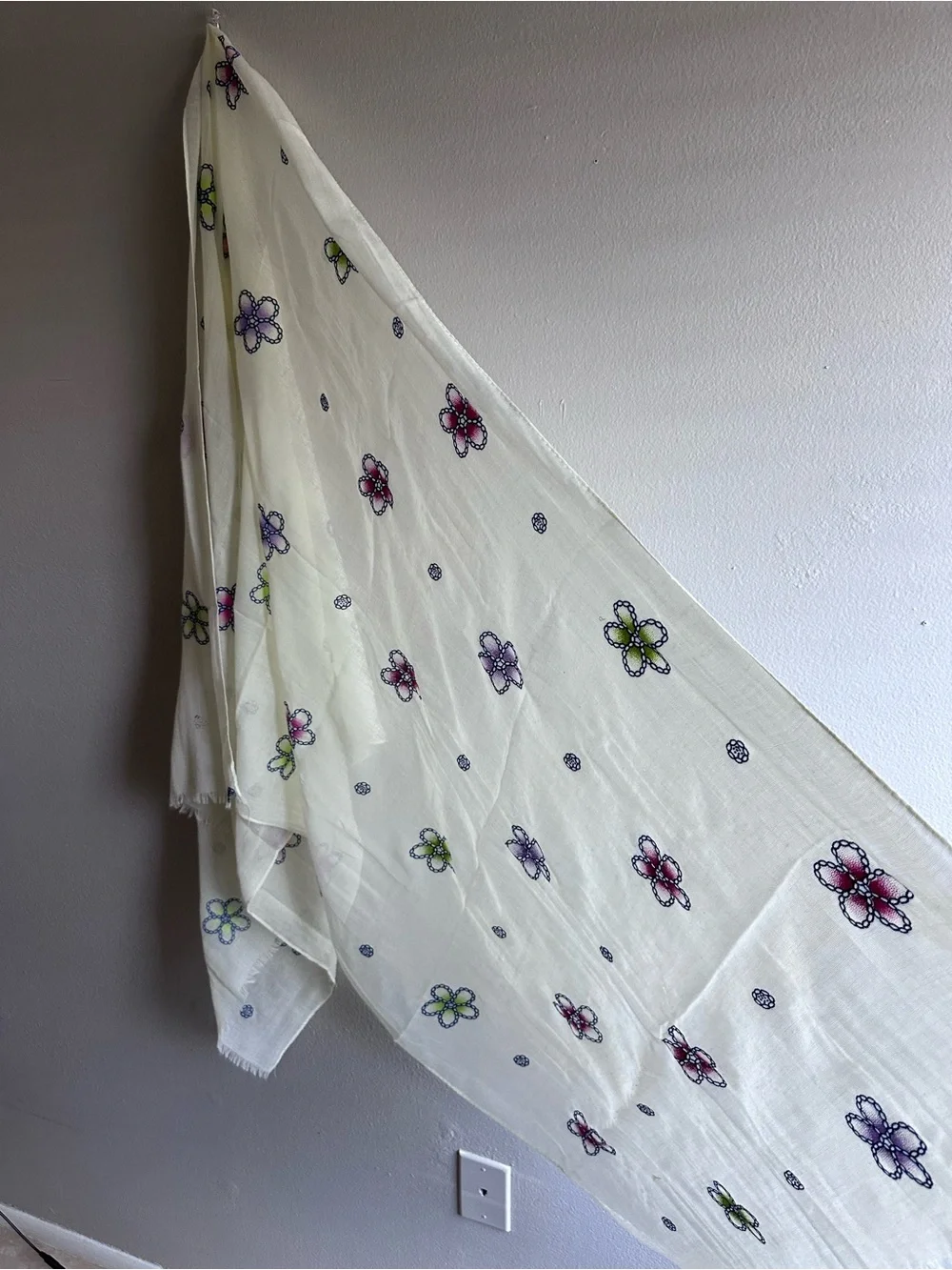 Lightweight Floral Embroidered Scarf - White with Pink & Green Flowers